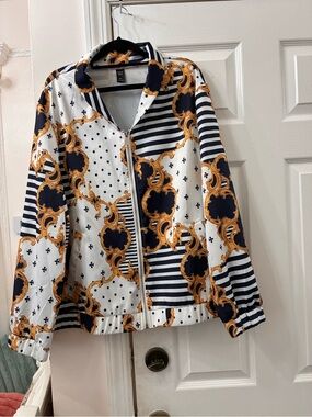 SHEIN Navy, White & Gold Baroque-Print Zip Bomber Jacket